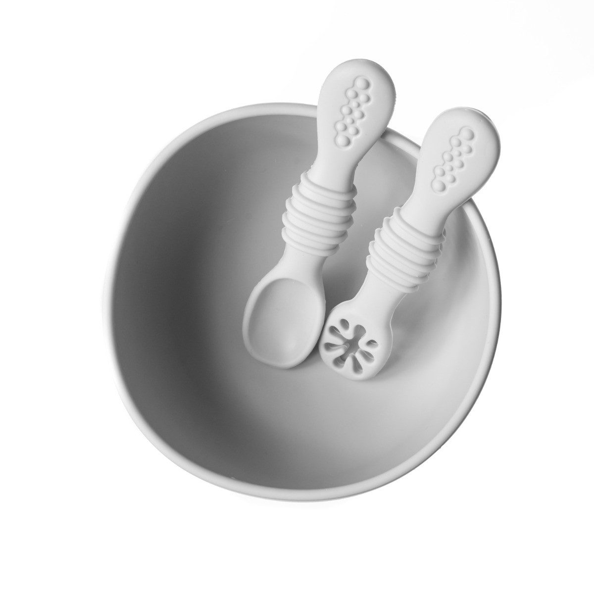 Set de bol con ventosa y dos cucharas de aprendizaje grey Mundo Petit Set de bol con ventosa y dos cucharas de aprendizaje grey Mundo Petit