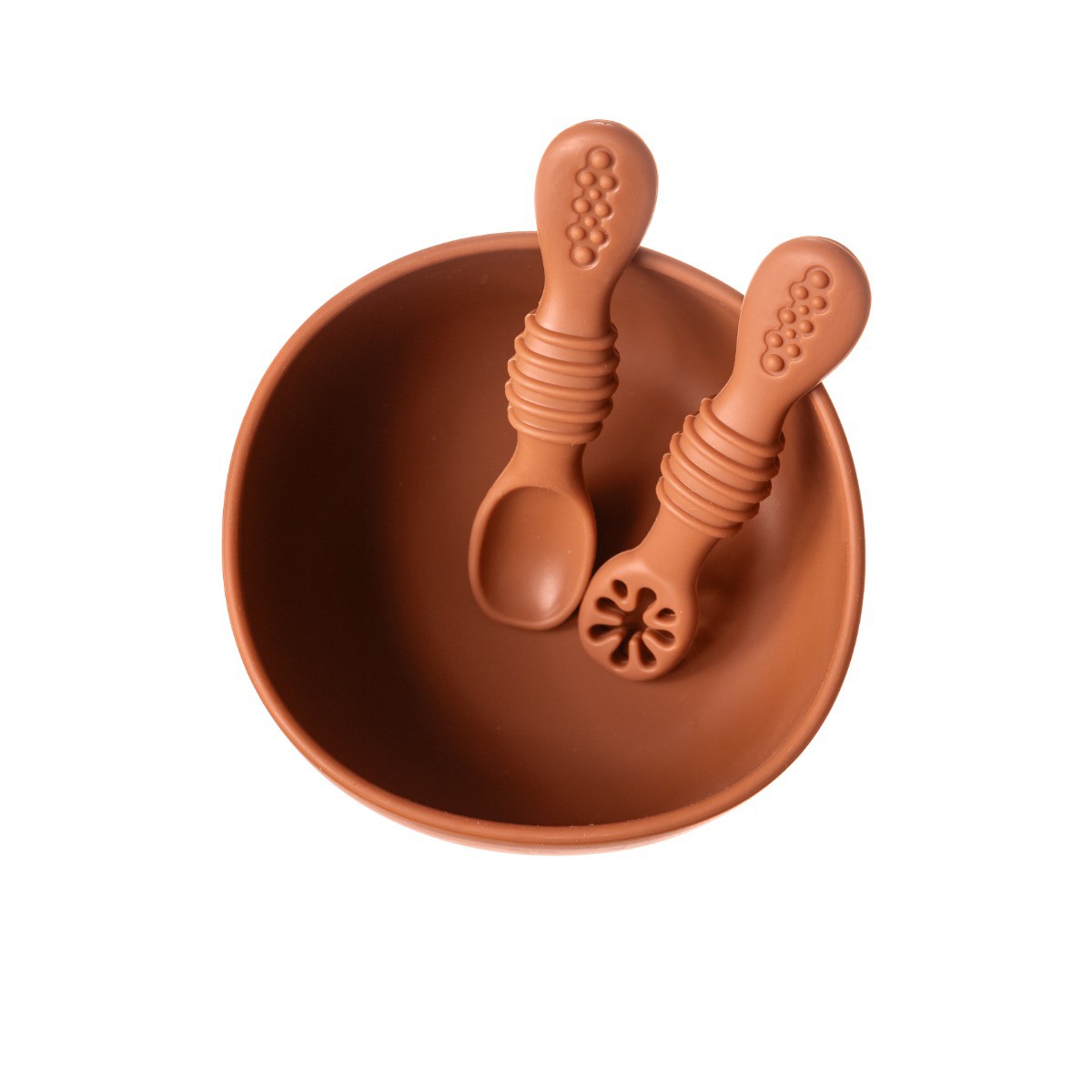 Set de bol con ventosa y dos cucharas de aprendizaje caramel Mundo Petit Set de bol con ventosa y dos cucharas de aprendizaje caramel Mundo Petit