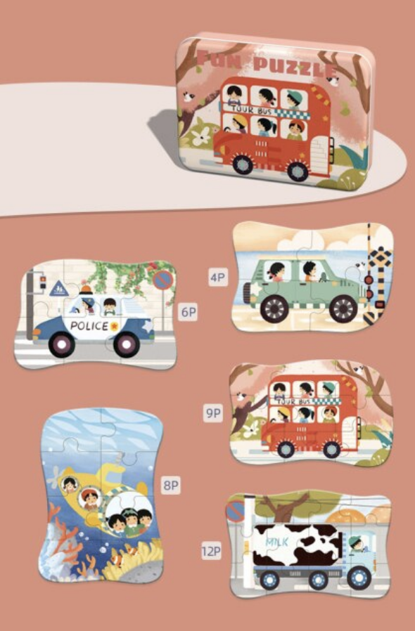 Caja con 5 puzzles transportes