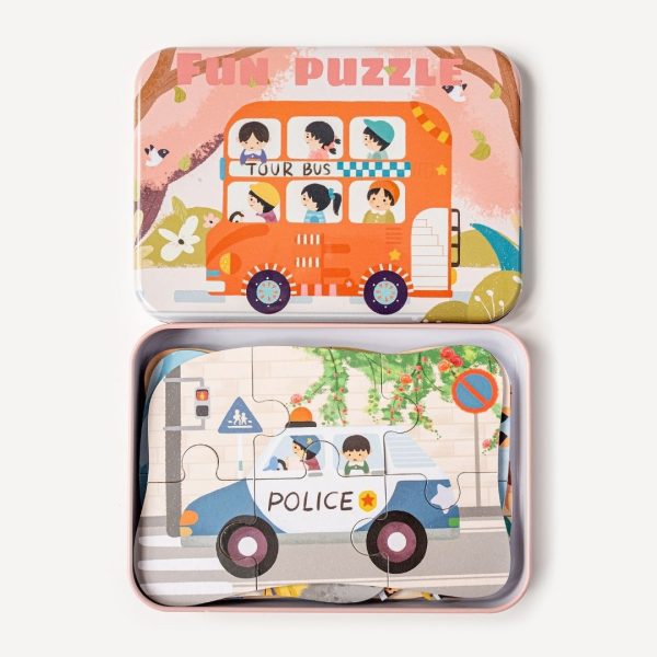 Caja con 5 puzzles transportes